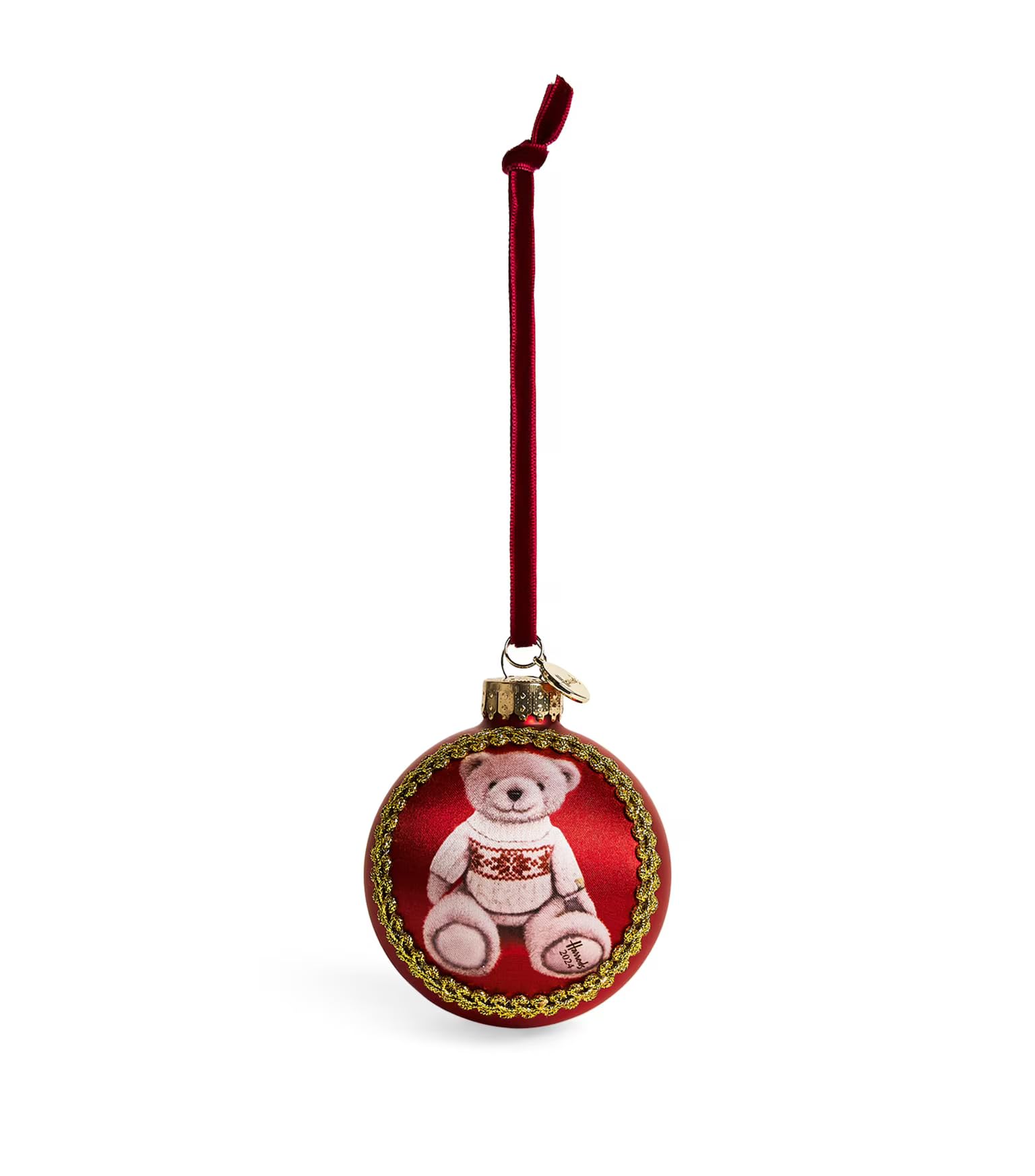 Harrods London Christmas Teddy Bear Bauble, Red Glass with Velvet